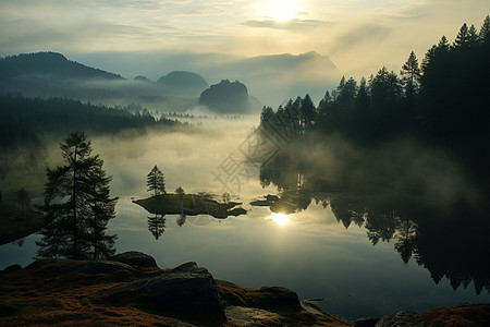 迷雾中的湖泊景观图片