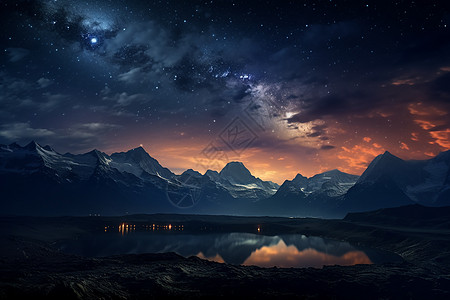 山脉湖泊上的星空景观高清图片