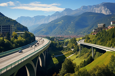 现代山中的公路桥梁建设背景图片