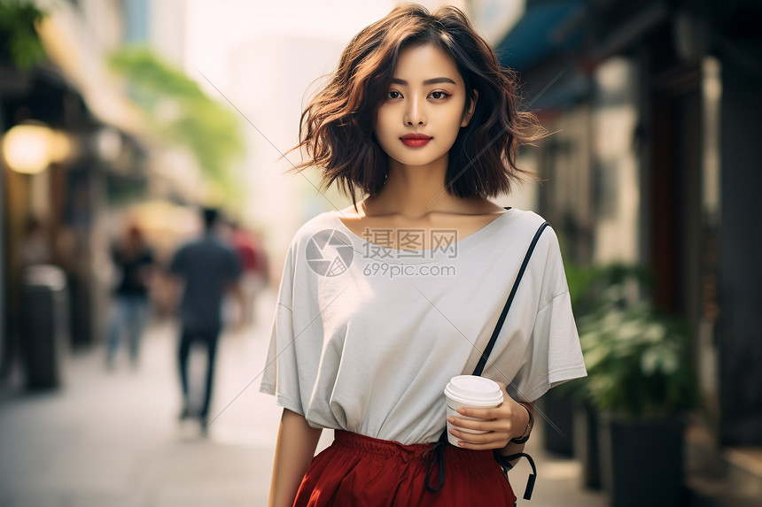 街头手持咖啡的女人图片