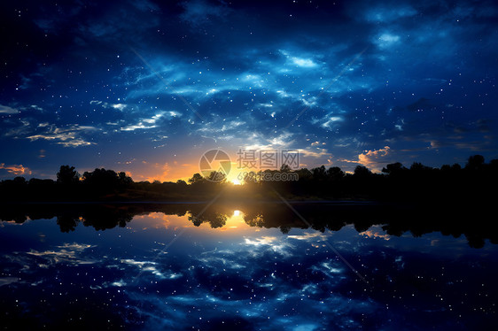 夜空湖畔倒影图片