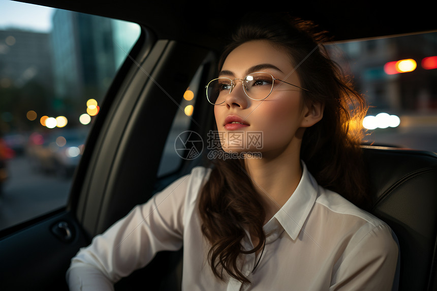 夜晚的车里年轻商业女性图片