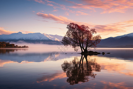 湖面上一棵孤独的树倒映着夕阳图片