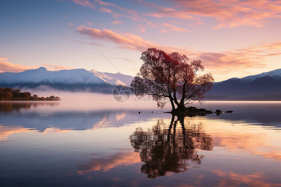 湖面上一棵孤独的树倒映着夕阳图片