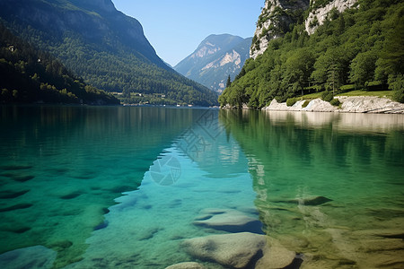 绿色湖水和山峦图片