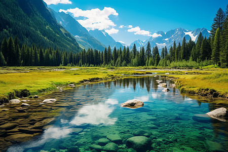 大山间的清晰见底湖水图片