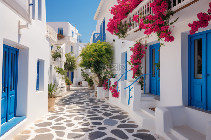 蓝色大门的地中海风格建筑图片