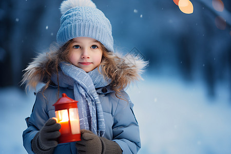 雪中的小女孩点亮烛火图片