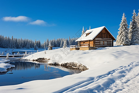 走进湖畔森林冬雪湖畔的小屋背景