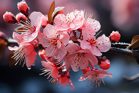 盛放桃花上的水滴高清图片