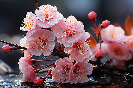 樱花上晶莹的水滴图片