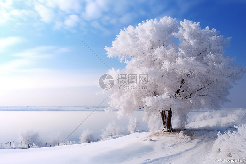 冰雪覆盖的树在山坡上图片