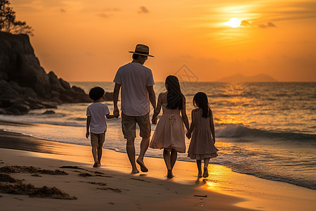 家庭海边素材家庭幸福的海滩行走背景