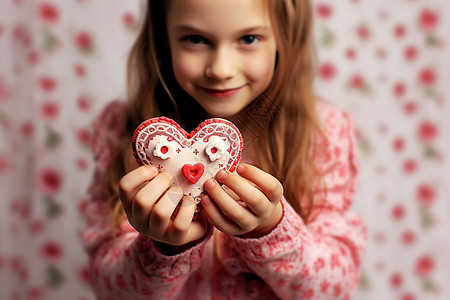 花纹形状女孩手中的心形手工饼干背景