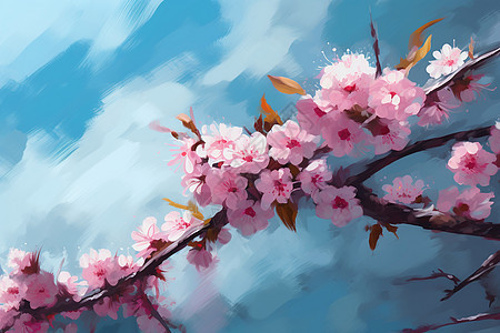 枝干上的樱花油画图片