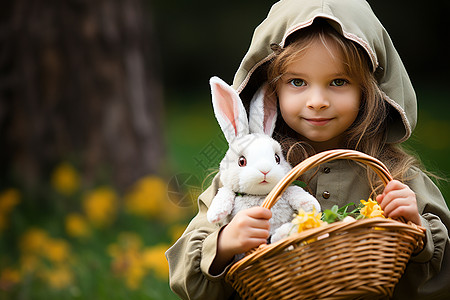 抱兔子的小女孩小女孩抱着白色的兔子背景