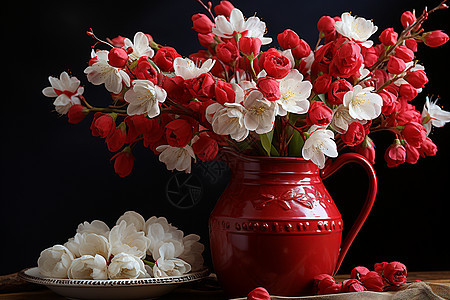 红色花瓶里的红白花束图片