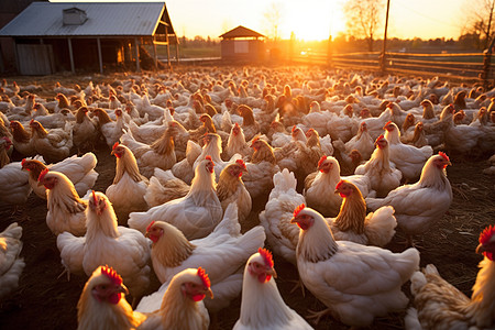 傍晚时分一大群鸡在田野上觅食背景是一座谷仓背景