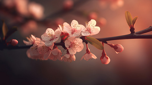 你好春天一枝盛开的粉色樱花背景