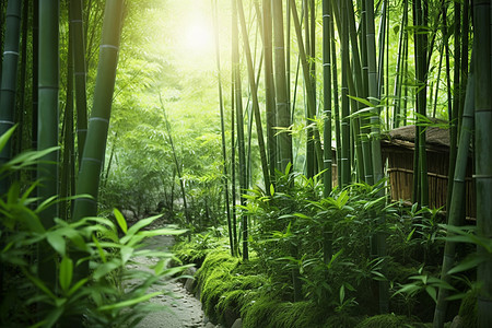 竹子露珠竹林里照耀下的小屋背景