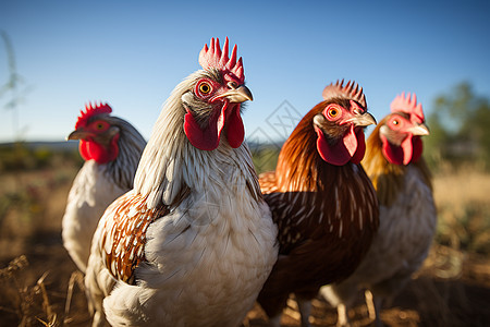 农村户外草地上的一群鸡在觅食图片