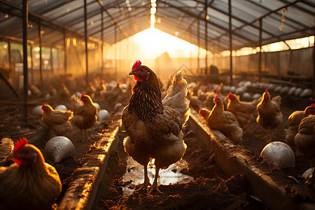 阳光下养殖场里的母鸡图片
