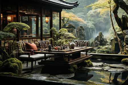 山水间的茶馆背景图片
