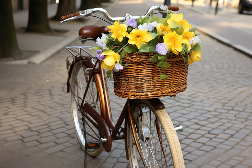 自行车篮里的鲜花图片