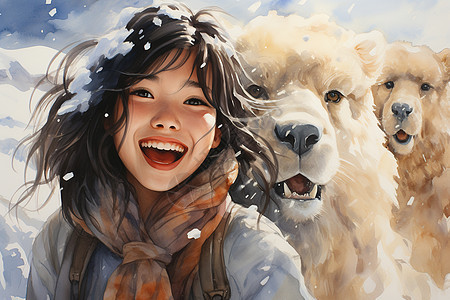 雪中开心的漂亮女孩图片