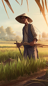农户细心耕种水稻图片