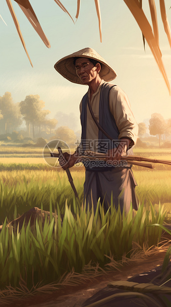 农户细心耕种水稻图片