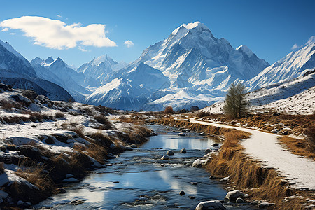 雪山河流旁的土路图片