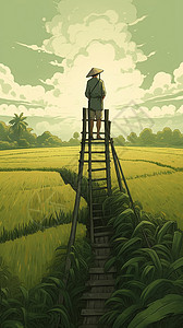 稻田梯子上的农民图片