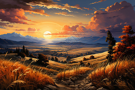 夕阳时的山坡风景图片