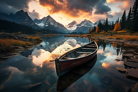 湖水里静静停泊着一艘小船图片