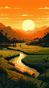 旅游的风景夕阳下美丽的稻田插画