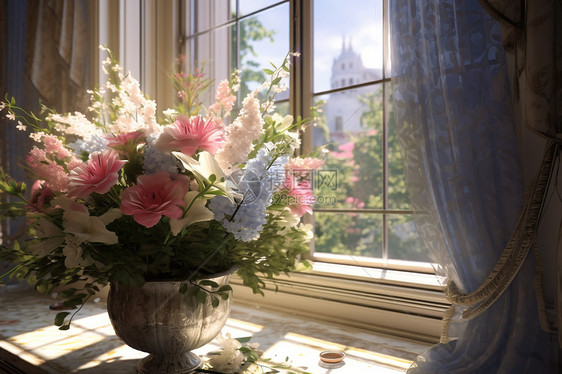 花瓶里的花朵在窗台上图片