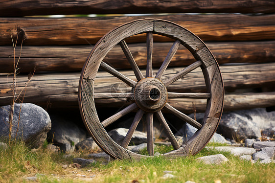 一个古朴木质车轮图片