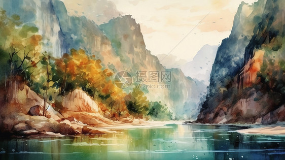 山水画中的江河奇峰图片