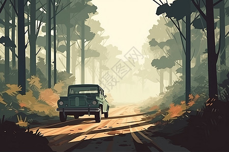 汽车驶过的森林小路图片