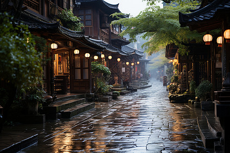 石塑地板木屋与街道灯光背景