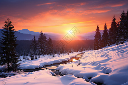 冰雪山脉的日落景色图片