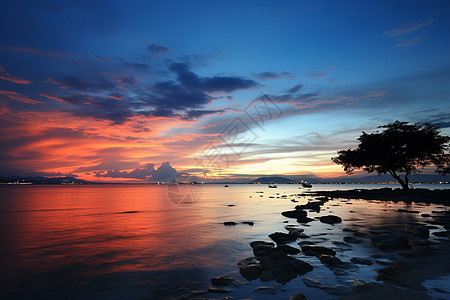 夕阳余晖下的海滩图片