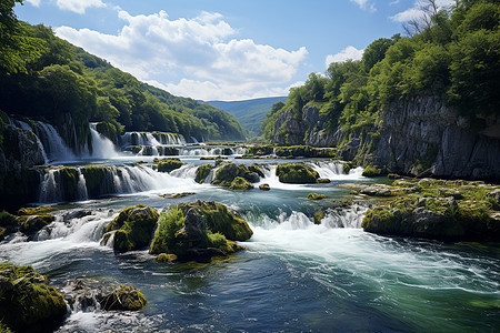 南斯拉夫的瀑布与绿树背景图片