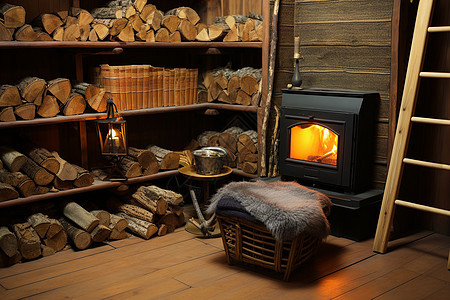 一堆木柴和壁炉的房间图片
