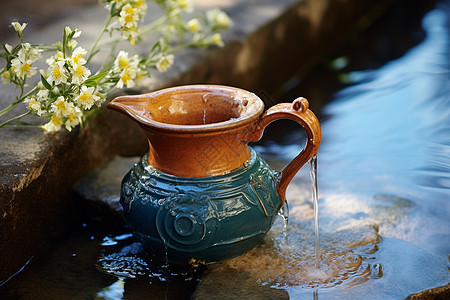 池边的陶瓷花瓶图片