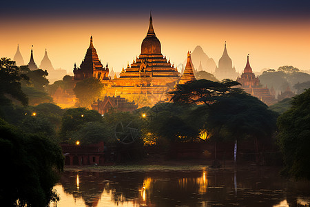 缅甸寺庙宝塔绘制的细致网纱画背景