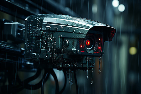 行人安全指示红眼雨中的监控器背景