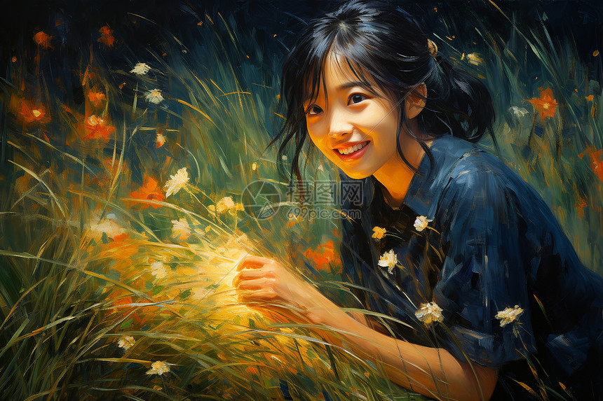 欢乐稻田中的小女孩图片