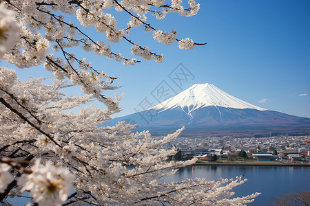 富士山湖畔盛开的美丽樱花背景图片